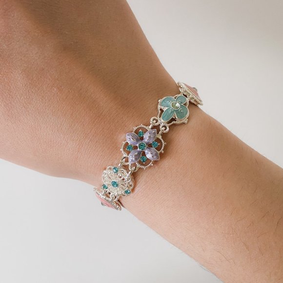 Napier Jewelry - Napier Silver Tone Pastel Pink Blue Enamel Rhinestone Art Deco Chain Bracelet